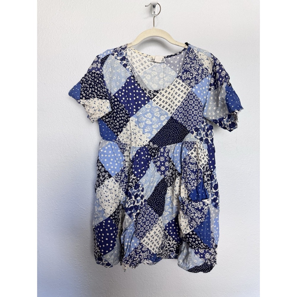 Vintage Rampage Y2K Patchwork Boho Cottagecore Dress Blue Size Medium Safety Pin